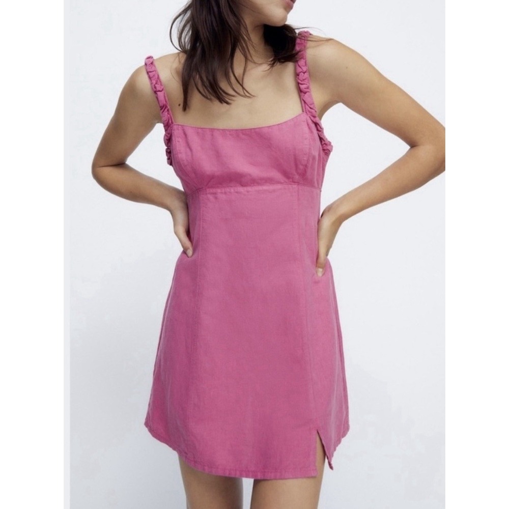 Zara M Pink Linen Blend Mini Dress Square Neck Braided Strap Coastal Y2K